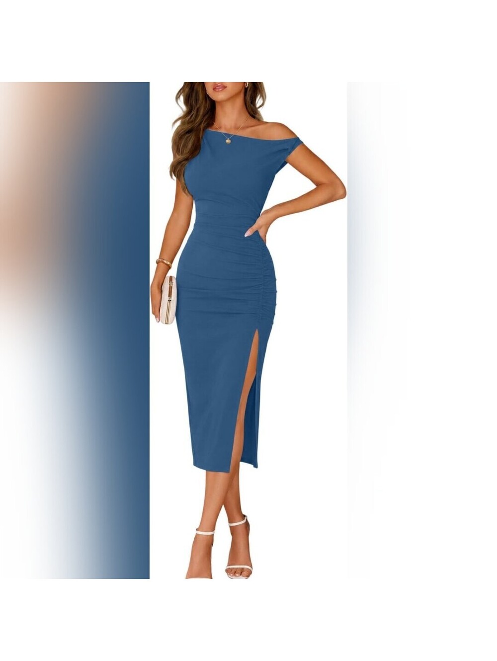 NWT OWIN Off-Shoulder Ruched Fitted Side Slit & Asymmetrical Neckline Dress, M